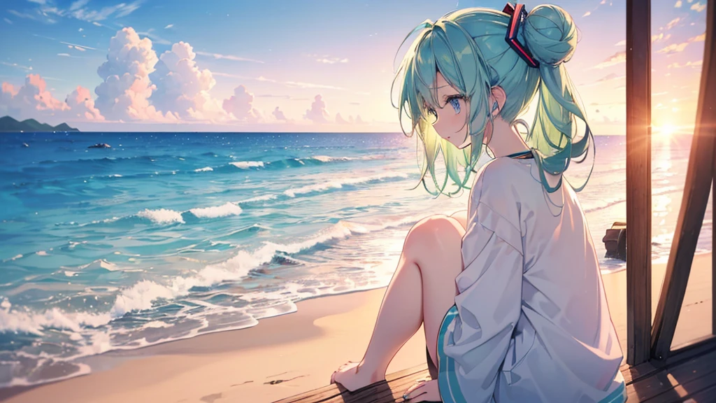 (((Highest quality、masterpiece、Ultra-fine、Ultra-fine、Bun Hair Up,Green Hair,Exquisite、16K、Full HD、Asahi、profile,Sitting,Hatsune Miku,))), ((summer,White casual clothes,)))Blue Eyes、Long eyelashes、White skin、(Pale pink lips、Pale pink cheeks、thin and long)、 (((cute,)), ((One person)) 、(blue sky)) 、 (The golden sunset on the beach, a beautiful gradation that colors the sky)、