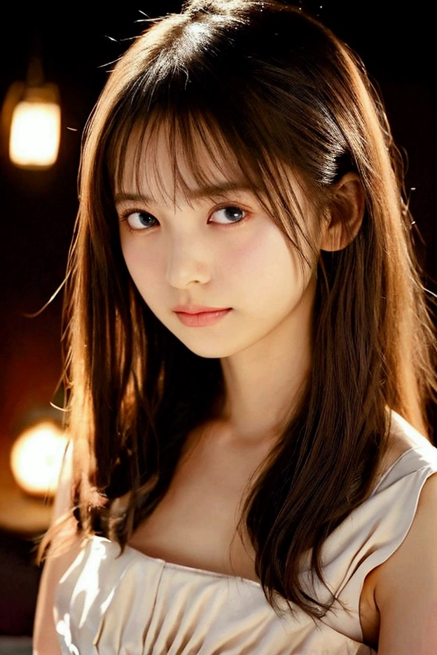 Highest quality,4K,8k,High resolution,masterpiece:1.2,Very detailed,Realistic:1.37,Portraiture,Soft colors,Gentle light,A girl exuding fatigue,Long flowing hair,Delicate features,Deeply contemplative eyes,White skin,Happy expression,Soft pastel colors,Great atmosphere,Sleeveless dress,Subtle brushwork,Dreamlike composition,Gazing into the distance,,Romantic atmosphere、Roppongi nightlife、,Calm colors,Soft Shadows、