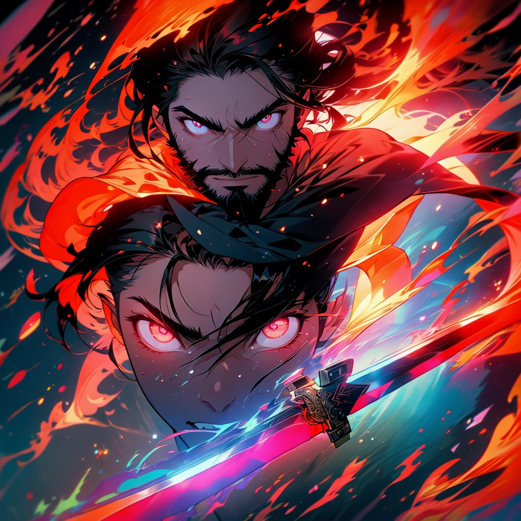 Swordsman with half-grown beard, long tied hair, sword engulfed in flames, with the red moon behind