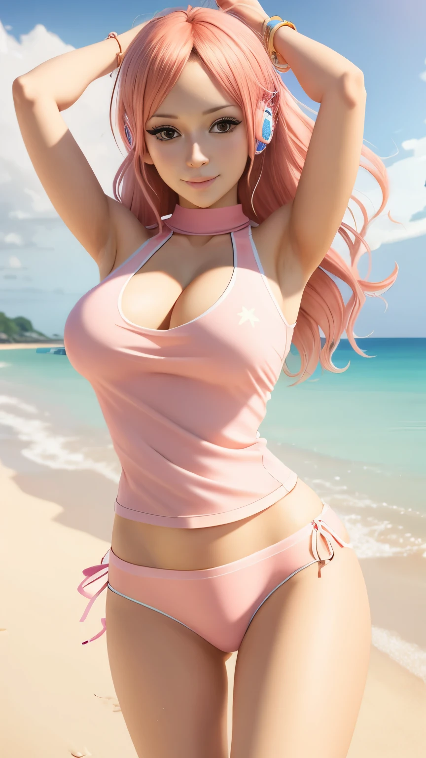 Nami from One Piece. Wearing a super mini skirt、A woman in a white top and pink panties posing on the beach, Photorealistic anime girl rendering, Smooth anime CG art, Realistic Anime 3D Style, Swimwear, April Rendering, Realistic Bikini, 3D Anime Real, Anime very detailed, Photorealistic perfect body, Detailed digital anime art, Trending on cgstation, Anime-style 3D, Enchanting anime girl