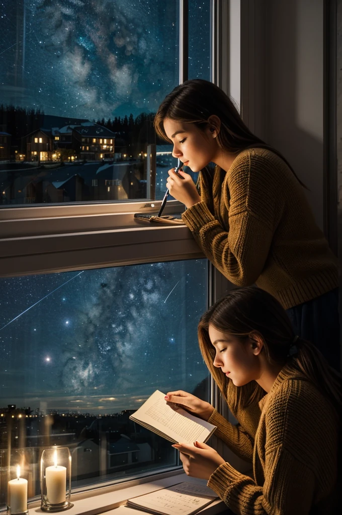  writing in her diary in front of her window on a starry night
