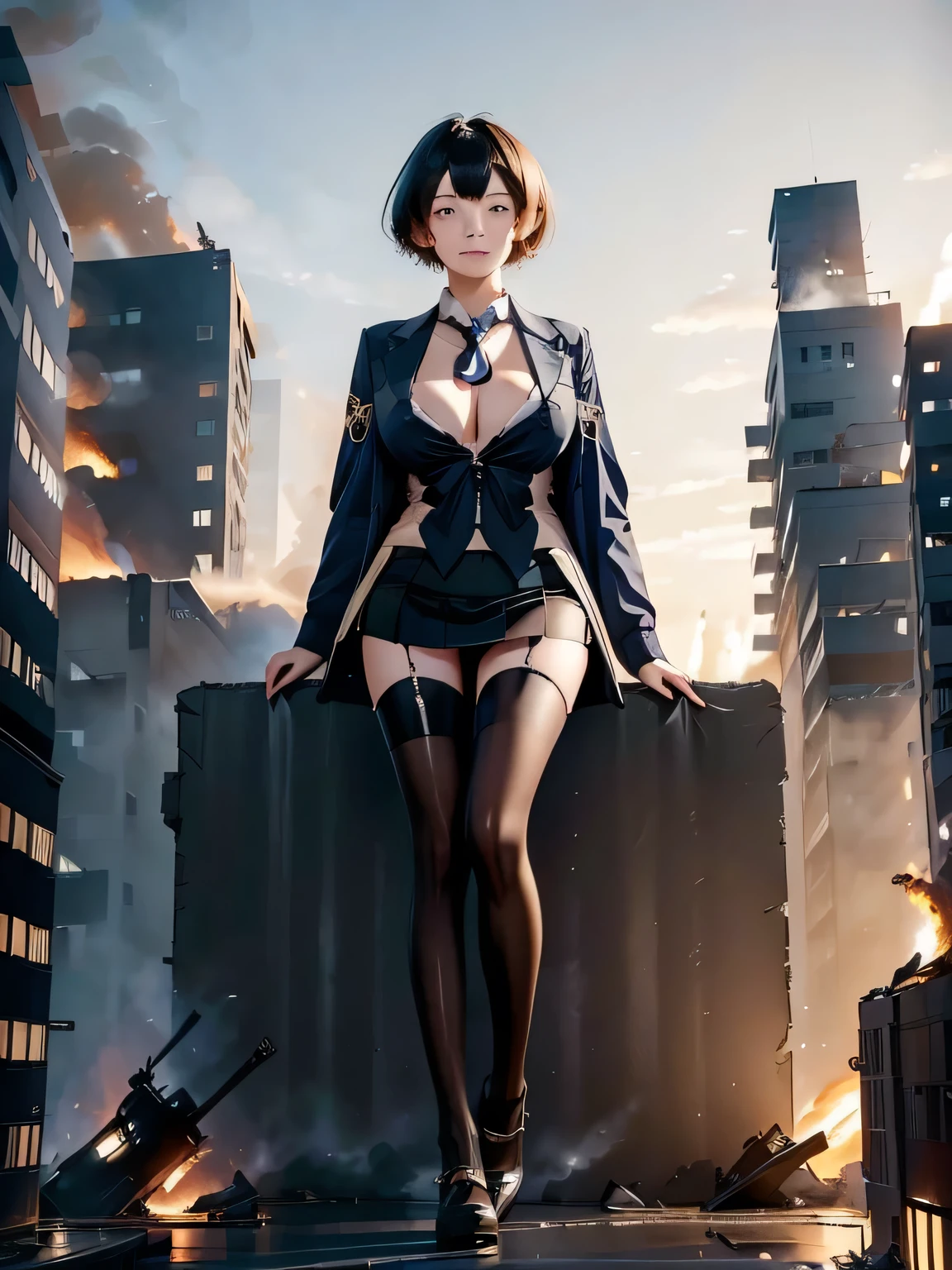 multiple girls, 3girls, standing, giantess art, highly detailed giantess shots, giantess, most detailed, perfect face, Two legs, Five fingers, short hair, A high school girl who is bigger than a skyscraper, Wearing rimless glasses, smile, huge breasts, Navy blazer, Red tie, mini skirt, black pantyhose, no shoes on, toes visible through pantyhose, Steam coming out from the soles of my feet, seaside metropolis, numerous miniature warships on the sea, Destroying cities, Under heavy attack, A very small big city, Miniature metropolis, Full body description, GTS, giga giantess, stomping city, crash city, tiny city, micro city, pantyhose feet, High resolution, highest quality, masterpiece, 