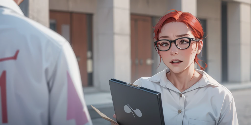 40 year old woman teacher with red hair speaks to someone with distrust