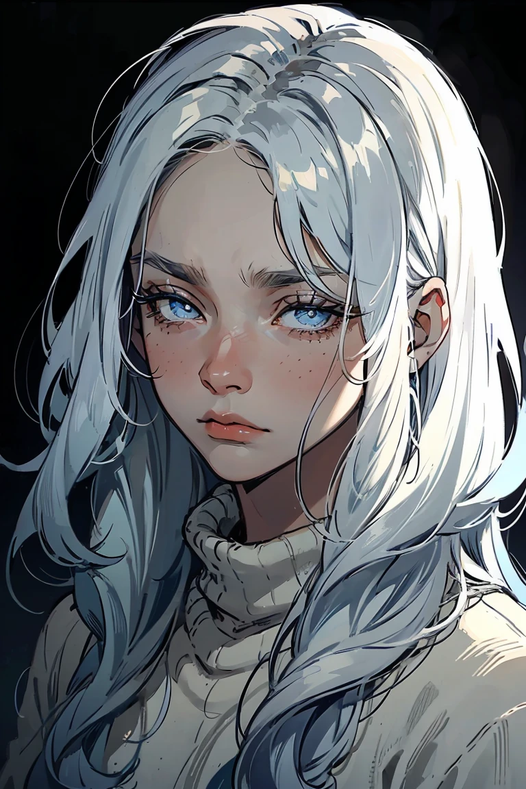 ((1 boy)), detaile close portrait, (long straight white hair), loose hair, (Hair closes the eyes), big Blue eyes, long eyelashes, beautiful detailed eyes, modest, quiet, lonely, An anxious look, upset, black soft sweater, soft light, beautiful detailed face, 8K, masterpiece, dark background, details on the background