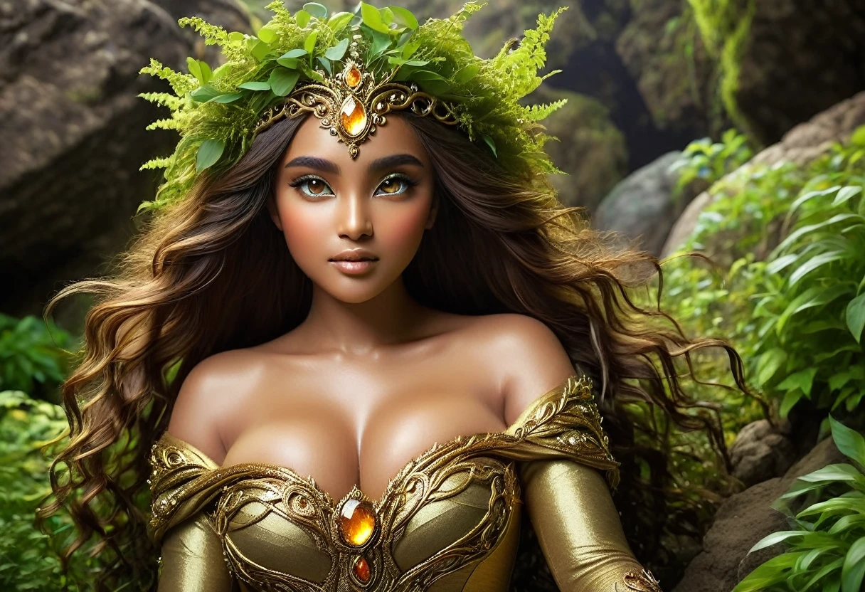 (Goddess of Earth:1.2), (mythical deity:1.2), nature's embrace, lush foliage, (masterpiece:1.4, best quality), (masterpiece, best quality), (photo realistic:1.4), 1goddess, (majestic and nurturing), flowing gown of vines and leaves, radiant flowers, serene expression, rich soil, intricate plant patterns, life-giving aura, ethereal glow, earthy wings, dynamic pose, vibrant greens, deep browns, soft golds, natural lighting, magical aura, (earthy eyes:1.4), (glowing eyes:1.2), (detailed face:1.4), (expressive face:1.2), nurturing gaze, rich textures, captivating features, ethereal beauty, (large breasts:1.2), (perfect body:1.2), background with earth manipulation, moving rocks,growing plants, shifting soil, rare, unique, Rich Detail, Perfect Image Quality