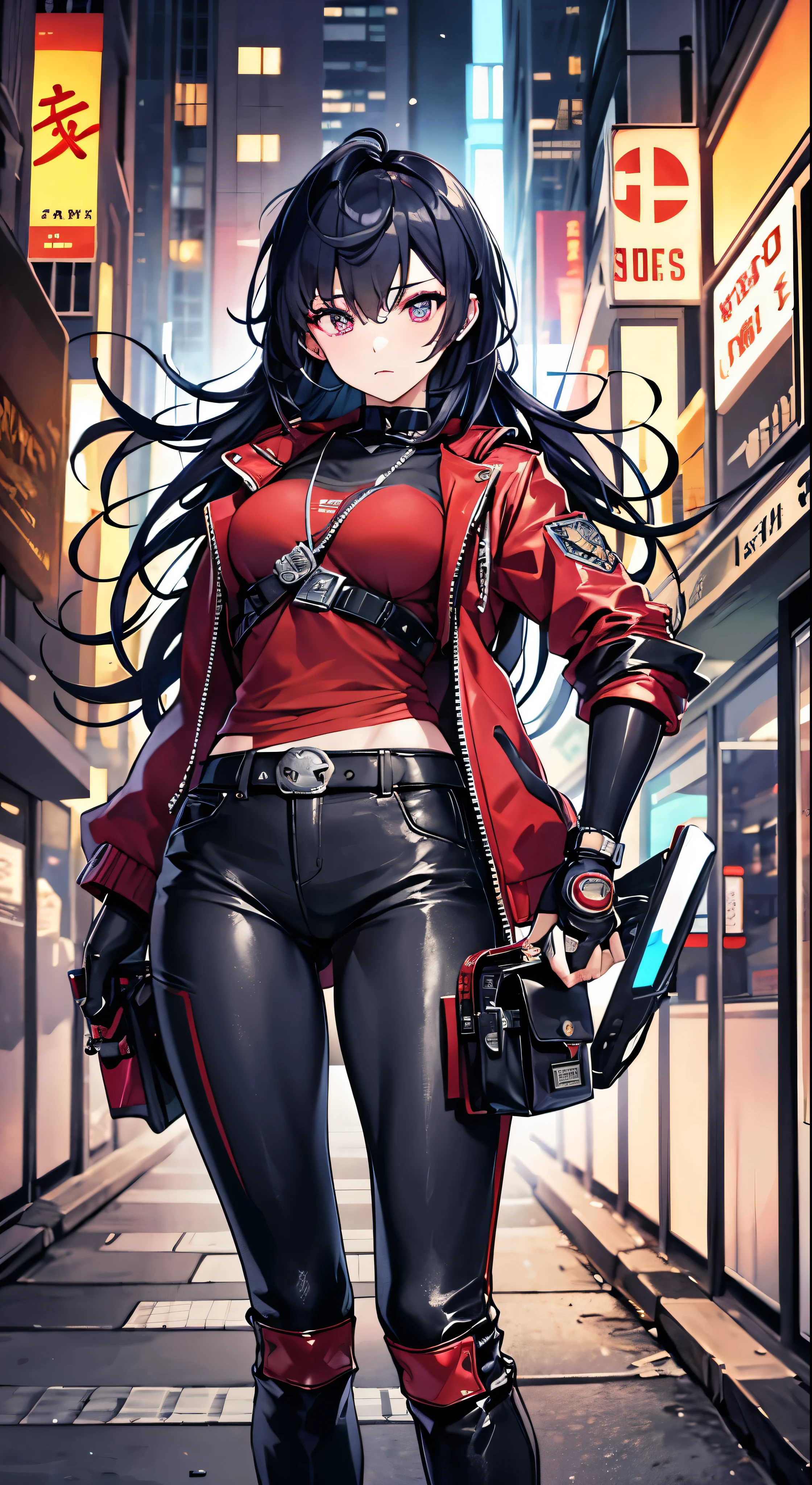 emb-haiz in cyberpunk town at night、beautiful face portrait。She is wearing a red leather open jacket、Black Jeans、Dramatic lighting(Police Badge:1.2)I am wearing。Facial details，Full body high quality images