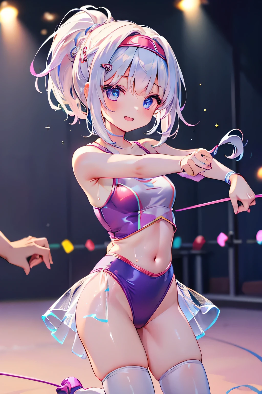 Highest quality、High resolution、Detailed Background、(Beautiful face in every detail:1.4)、Anatomically correct、(Normal number of fingers:1.2)、Detailed eyes、age beauty、Highly detailed face、Perfect body line、Bun Hair、ponytail、Braid the side hair and put it in a bun、well-groomed eyebrows、Hug playfully、A big smile、smile、A fun atmosphere、

(Three girls happily practicing rhythmic gymnastics:1.5)、

Inside the gym、A girl and her friends are practicing rhythmic gymnastics、They are wearing gorgeous uniforms and performing rhythmic movements to the music.、They use their flexible bodies to effortlessly manipulate ribbons and balls, and perform perfectly coordinated combinations.、Passionately working on practice with close friends、Even though they were sweating, their expressions looked cheerful and they seemed to be having fun.、Passion for rhythmic gymnastics and friendship are dynamic、
Leotards designed to flatter the body line are a classic.、Leotards decorated with sequins and jewels are also popular.、Hair accessories are recommended not only for hair ornaments but also for headbands.、Pair it with leg warmers and a headband、Designs that flatter the body line、The ones with glittery decorations are popular.、Pair colorful leggings with a fitted tank top or camisole.、cute