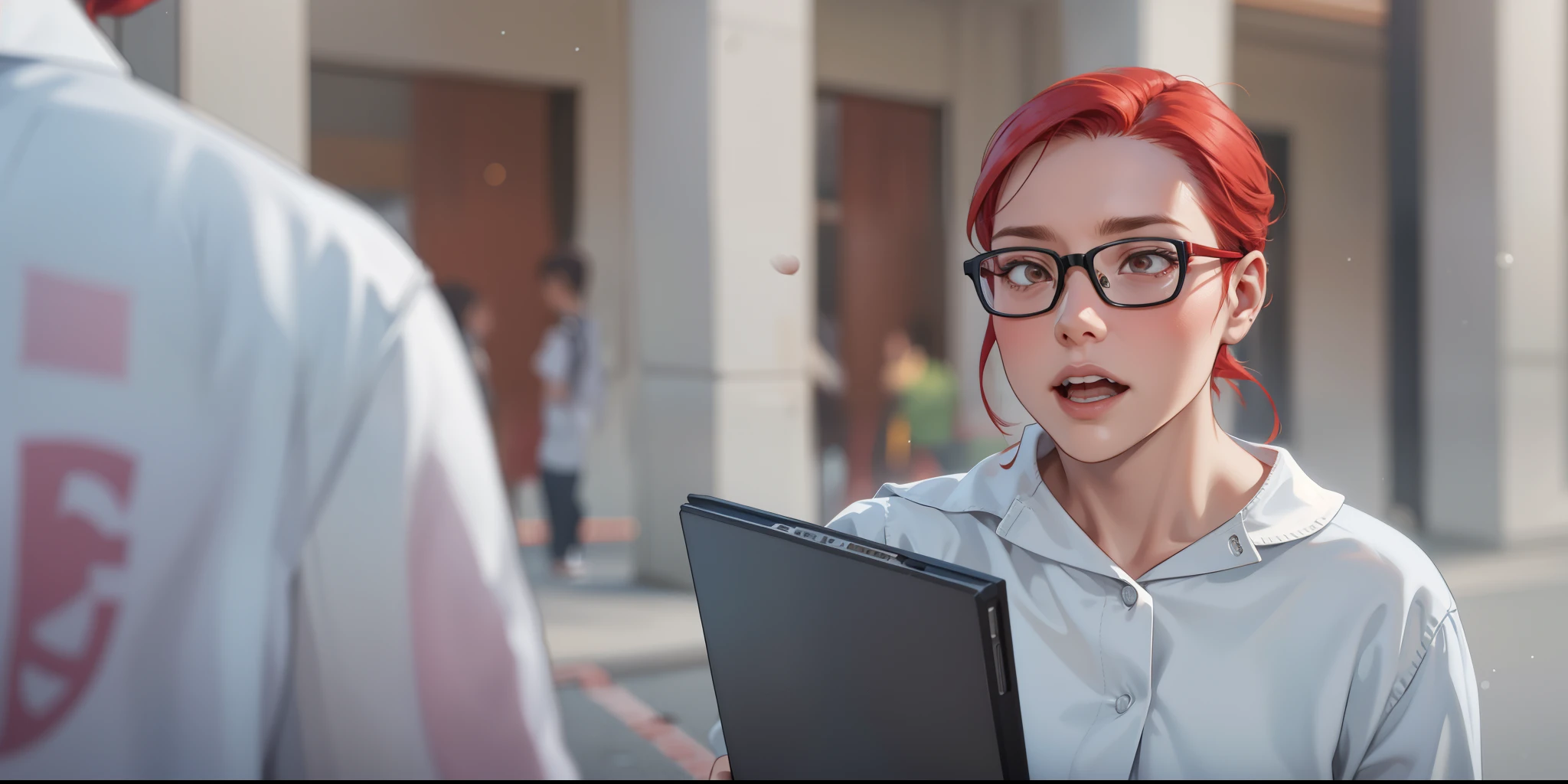 40 year old woman teacher with red hair speaks to someone with distrust
