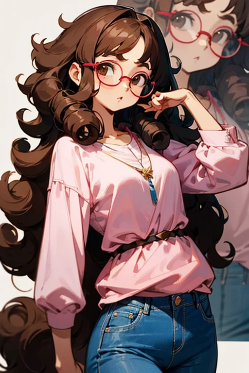 Kizi, アニメ, curly hair, curls, curls, dark brown hair, long hair, Caucasian skin, brown dark eyes, round glasses, pink blouse, jeans, necklase 