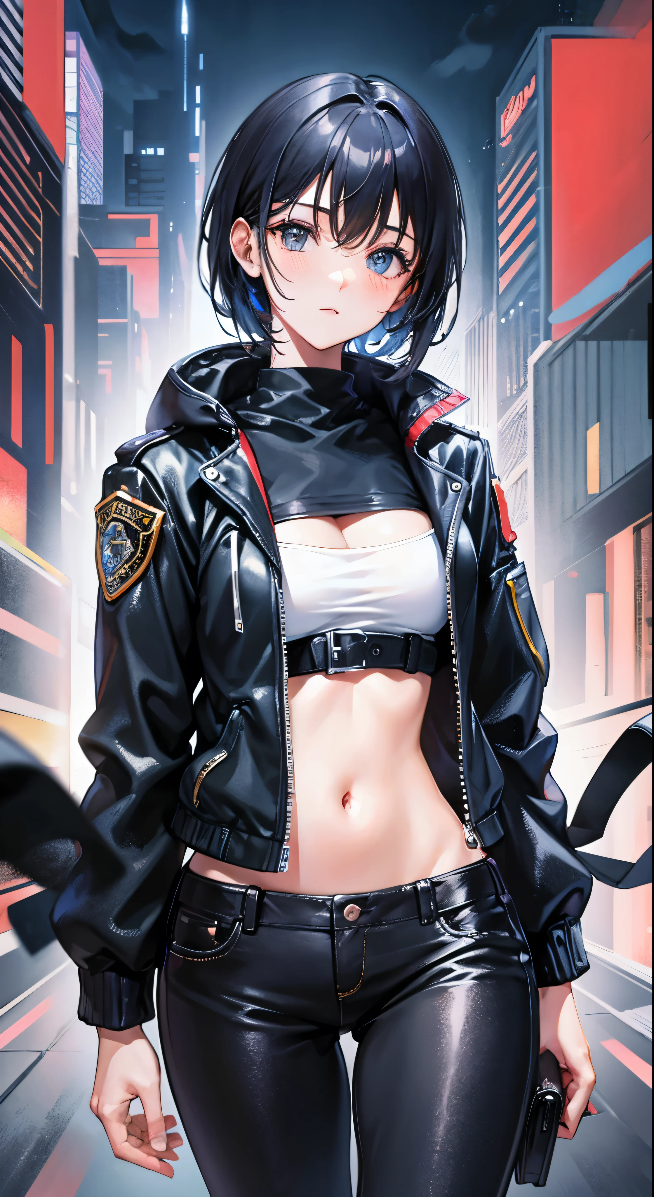 emb-haiz in cyberpunk town at night、beautiful face portrait。She is wearing a white leather open jacket、Black Jeans、Dramatic lighting(Police Badge:1.2)I am wearing。Full body high quality images，Facial details