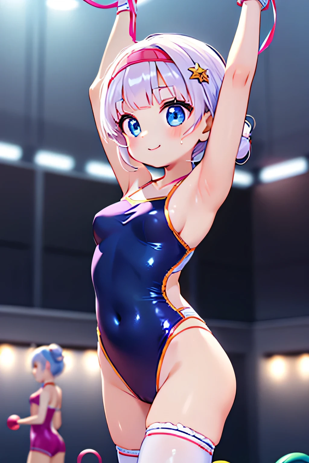 Highest quality、High resolution、Detailed Background、(Beautiful face in every detail:1.4)、Anatomically correct、(Normal number of fingers:1.2)、Detailed eyes、age beauty、Highly detailed face、Perfect body line、Bun Hair、ponytail、Braid the side hair and put it in a bun、well-groomed eyebrows、Hug playfully、A big smile、smile、A fun atmosphere、
(Three girls happily practicing rhythmic gymnastics:1.5)、
Inside the gym、A girl and her friends are practicing rhythmic gymnastics、They are wearing gorgeous uniforms and performing rhythmic movements to the music.、They use their flexible bodies to effortlessly manipulate ribbons and balls, and perform perfectly coordinated combinations.、Passionately working on practice with close friends、Even though they were sweating, their expressions looked cheerful and they seemed to be having fun.、Passion for rhythmic gymnastics and friendship are dynamic、
Leotards designed to flatter the body line are a classic.、Leotards decorated with sequins and jewels are also popular.、Hair accessories are recommended not only for hair ornaments but also for headbands.、Pair it with leg warmers and a headband、Designs that flatter the body line、The ones with glittery decorations are popular.、Pair colorful leggings with a fitted tank top or camisole.、cute