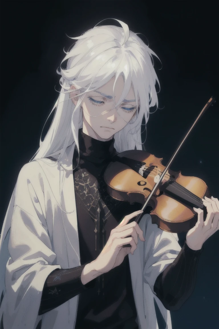 ((1 boy)), detaile close portrait, ((long white hair)), (close eyes), big Blue eyes, long eyelashes, beautiful detailed eyes, modest, quiet, lonely, An anxious look, upset, black soft sweater, soft light, beautiful detailed face, 8K, masterpiece, dark background, details on the background, violin
