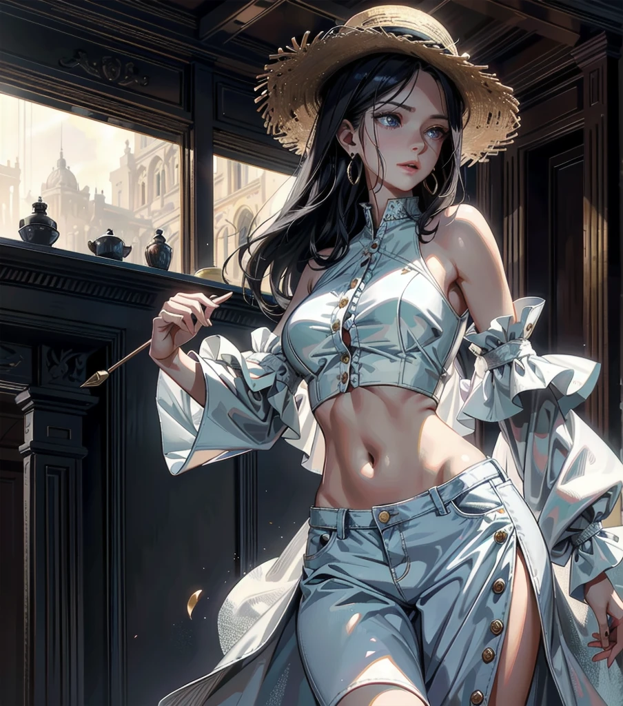 absurdres, RAW photo, extremely delicate and beautiful, masterpiece, Best Quality, ultra high resolution, 32k, hyperrealistic, ultra-detailed, Very detailed CG 8k wallpaper, detailed background, landscape, Beautiful Lighting, Perfect Lightning, Realistic Shadows, perfect anatomy, anatomically correct, perfect figure, Perfect Style, Perfect balance, super Detailed skin, in her 30s, very Slim body, narrow waist, very small head, very small face, delicate facial features, handsome detailed woman, very detailed eyes and face, realistic face proportions, Realistic beautiful face, Realistic beautiful eyes, tearful mole, earring, whole body shot, very huge round tits, medium hair, asymmetrical hair, indoor, casual, blouse, white shirt, buttoned shirt, bare shoulders, collarbone, midriff, navel, shorts, straw hat,