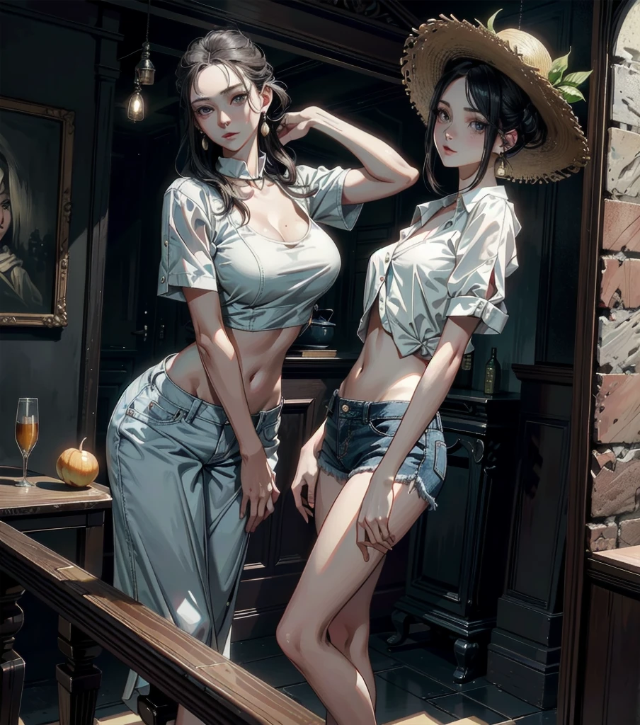 absurdres, RAW photo, extremely delicate and beautiful, masterpiece, Best Quality, ultra high resolution, 32k, hyperrealistic, ultra-detailed, Very detailed CG 8k wallpaper, detailed background, landscape, Beautiful Lighting, Perfect Lightning, Realistic Shadows, perfect anatomy, anatomically correct, perfect figure, Perfect Style, Perfect balance, super Detailed skin, in her 30s, very Slim body, narrow waist, very small head, very small face, delicate facial features, handsome detailed woman, very detailed eyes and face, realistic face proportions, Realistic beautiful face, Realistic beautiful eyes, tearful mole, earring, whole body shot, very huge round tits, medium hair, asymmetrical hair, indoor, casual, blouse, white shirt, buttoned shirt, bare shoulders, collarbone, midriff, navel, shorts, straw hat,