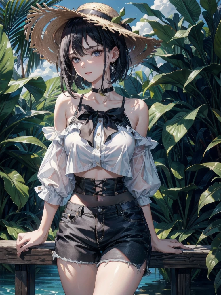 absurdres, RAW photo, extremely delicate and beautiful, masterpiece, Best Quality, ultra high resolution, 32k, hyperrealistic, ultra-detailed, perfect figure, in her 20s, very small head, very small face, delicate facial features, tearful mole, earring, very huge breasts, very big breasts, bare legs, full body shot, medium hair, black hair, colored inner hair, casual, blouse, white shirt, buttoned shirt, bare shoulders, collarbone, midriff, navel, shorts, straw hat,