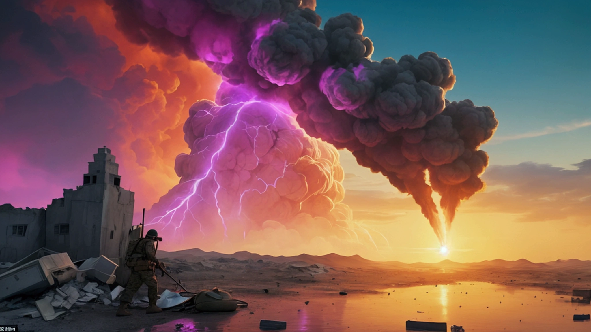 "Description: Illustrate the concept of global conflicts as a sign of the end times, focusing on the widespread and intense nature of modern warfare.

Details: Use a color palette with intense and dramatic tones, such as dark reds, blacks, and smoky grays. Include elements such as:

Scenes of Conflict: Depict various forms of warfare, including traditional battles, urban warfare, and drone strikes, to show the global nature of the conflicts.
Biblical Reference: Incorporate subtle references to Matthew 24:6 or other relevant scriptures, such as symbolic elements or text overlays.
Human Impact: Show the emotional and physical toll on soldiers and civilians, including destruction of homes, displacement, and chaos.
Capture the scale and intensity of global conflicts, emphasizing their alignment with the biblical narrative of turmoil leading up to the end times."