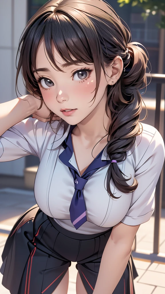 high school girl,(leaning forward:1.2),(random hairstyle),(Highest image quality,(8K), Ultra-realistic, Best Quality, High quality, High Definition, high quality texture, high detailing, Beautiful detailed, fine detailed, extremely details CG, Detailed texture, realistic representation of face, masterpiece, presence)