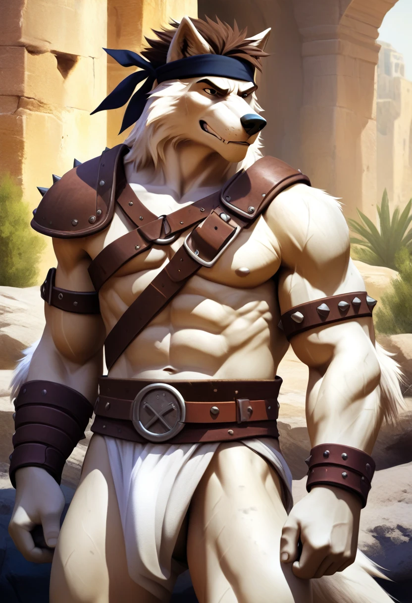 Solo Sexy anthro furry wolf male; ancient Mediterranean desert warrior; slim mesomorph handsome model apperance apperance; boy's messy short hair headband; sexy toned muscules; sword scars;  worn out rusty sexy skimpy armament. He has low on hips heavy leather studded heavy belt. he has narrow in the crotch very old worn out jockstrap (smelly jockstrap fetish); His jockstrap it is made of old white linen material sewn together from a few pieces, it has never been washed, it is dirty and has stains from secretions of dried semen and sweat; His armor is old heavy brown harness with armlets studded with spikes; he has old brown leather BFR Bands on Biceps and his thighs, he has old worn out fingerless leather gloves. Even though he is a handsome and sexy man, he has a sloppy appearance, has disheveled unwashed dirty fur, dirty body look. He stands proudly bravely with one foot on a higher stone in the Mediterranean sunny pine forest; he has a proud, threatening and defiant expression on his face, with little dirty dangerous smile;