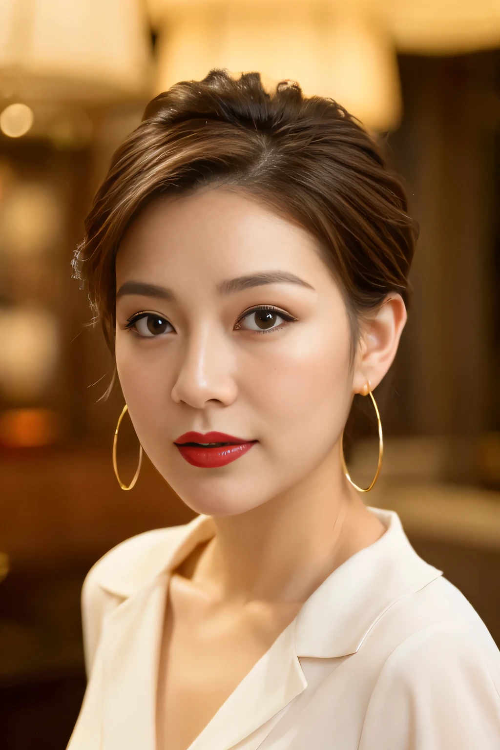 (Red lips), ((Looking into the camera)), (look forward to), Upper Body, Short Bob Hair, (Wavy Hair), Shapely small breasts, Sexy pose with twisted hips, brown hair, light brown hair, hair slicked back, low ponytail, hoop earrings, scowl, folded ponytail, bangs pinned back, empty eyes, amber eyes, hoop earrings, hoop earrings, heart earrings, drunk, widow's peak, depth of field, uhd, masterpiece, high quality, best quality, super detail, 8k、One Japanese woman、30 years old、Looking this way、(Bust up shot:1.4)、Small shapely breasts、background:hotel lobby、Focused eyes、Detailed eyes、Detailed face、White T-shirt、Symmetrical eyes、Heavy makeup、
