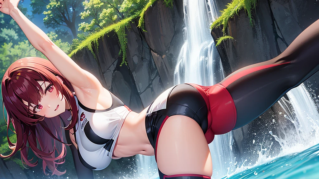 1_girl, solo, kei (dirty pair) (cosplay), 32-years-old femaile. Dark red long hair with bangs to the eyebrows. Wearing a black beach volleyball uniform , waterfall background, upper body portrait