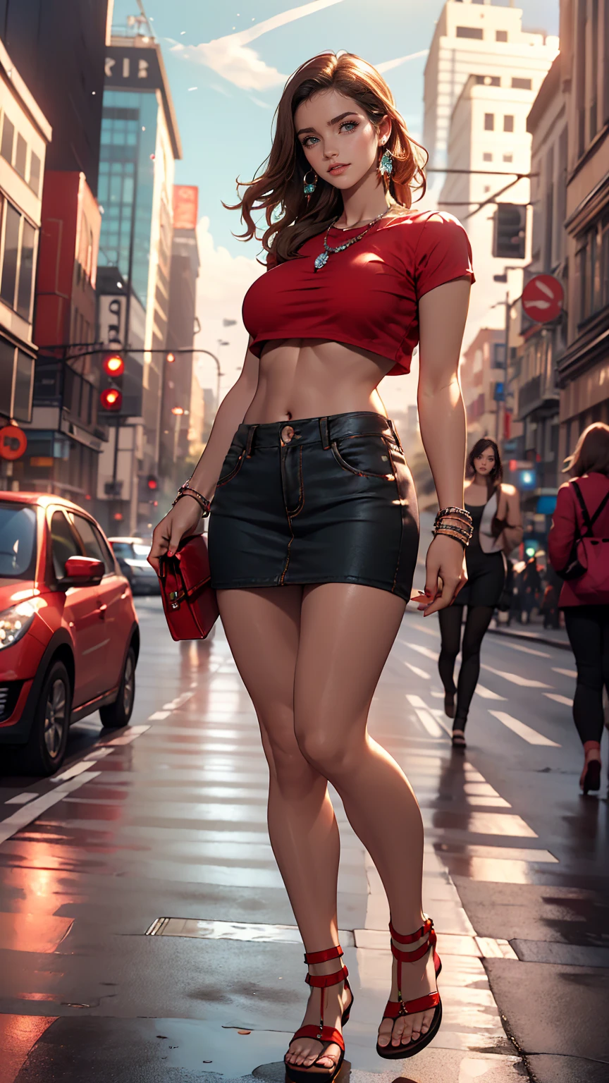 ((最high quality, 8K, masterpiece: 1.3, Ultra HD, high quality, 最high quality, High resolution, realism)) 、25-year-old Caucasian female、Brunette、blue eyes、long hair、smile、A fashion model-like figure、I want my head to stay off screen、Wear accessories on your wrist、Wearing red nail polish、I have a peticure、Aerial perspective((atmospheric perspective))、smile((smiley))、Background blur((depth of field)、Sheer underboob top((underboob top))Wear、Navel visible、Wear a low-rise micro mini skirt、Wearing Sandals、have a clutch bag、Skyscraper background、Waiting for a traffic light at an intersection、Crystal Earrings((crystal earrings))