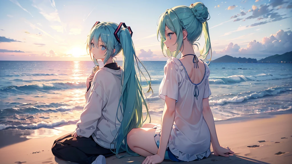 (((Highest quality、masterpiece、Ultra-fine、Ultra-fine、Bun Hair Up,Green Hair,Exquisite、16K、Beautiful eyes,Full HD、Asahi、profile,Sitting,Hatsune Miku,))), ((summer,White casual clothes,)))Blue Eyes、Long eyelashes、White skin、(Pale pink lips、Pale pink cheeks、thin and long)、 (((cute,)), ((One person)) 、(blue sky)) 、 (The golden sunset on the beach, a beautiful gradation that colors the sky)、