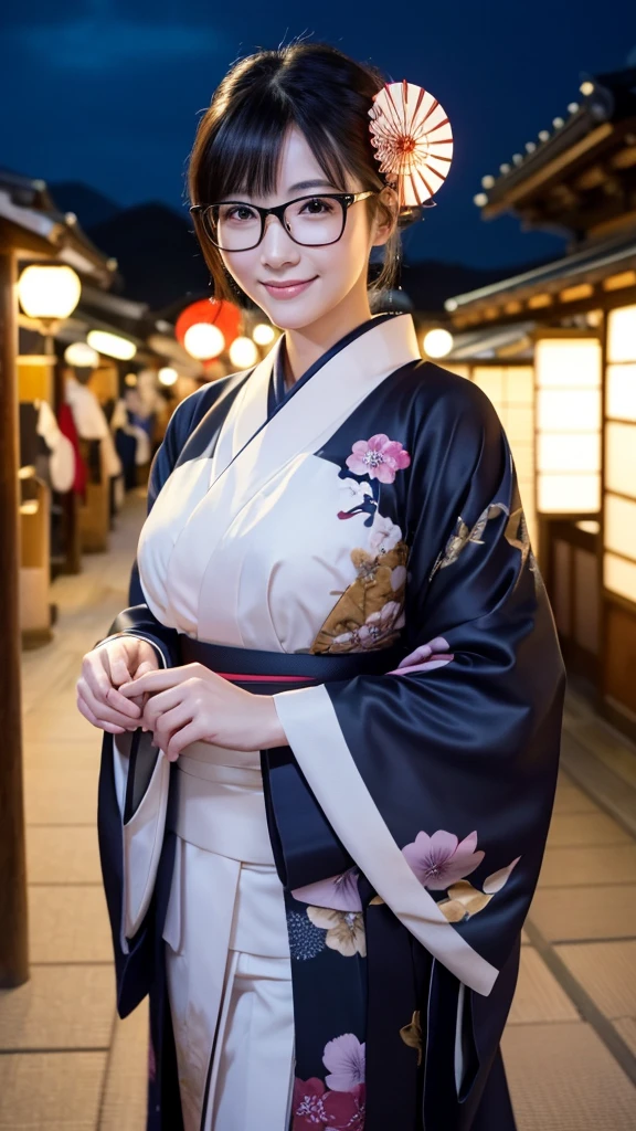 (Super beautiful woman in kimono)、((highest quality、8K masterpiece:1.3))、sharp focus:1.2、(super beautiful face:1.0)、(shiny skin:1.0)、realistic pictures、black hair、video lighting、High resolution eyes and face、video lighting、japanese actress、from the front、big breasts、with a happy smile、Slender abs beauty、whole body、wearing a kimono、in Kyoto、(((luxury obi)))、In Kyoto at night、wearing glasses with no edge、with a fan、Fireworks Display