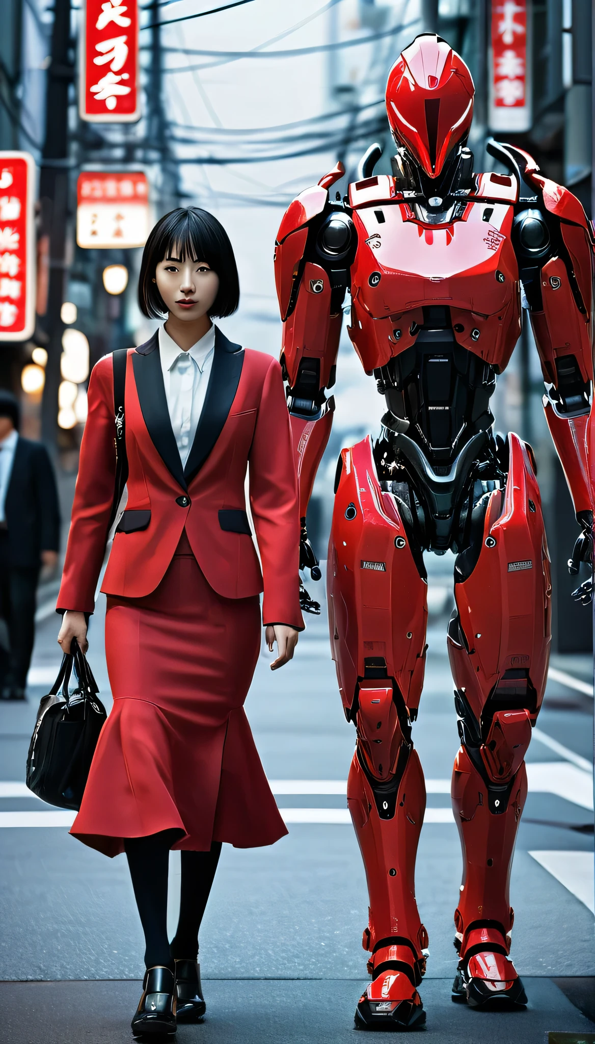 Girl walking on the street holding a phone texting, , walking next to a highly detailed and realistic samurai robot bodyguard with humanoid features. The setting is an urban street that appears to be in Japan, with a background of bright city lights and signs.red suit, The contrast between traditional clothing and futuristic robots will be striking, emphasizing the blend of historical culture with cutting-edge technology.