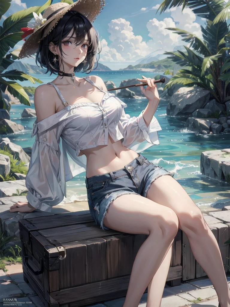 absurdres, RAW photo, extremely delicate and beautiful, masterpiece, Best Quality, ultra high resolution, 32k, hyperrealistic, ultra-detailed, perfect figure, in her 20s, very small head, very small face, delicate facial features, tearful mole, earring, very huge breasts, very big breasts, bare legs, full body shot, medium hair, black hair, colored inner hair, casual, blouse, white shirt, buttoned shirt, bare shoulders, collarbone, midriff, navel, shorts, straw hat,