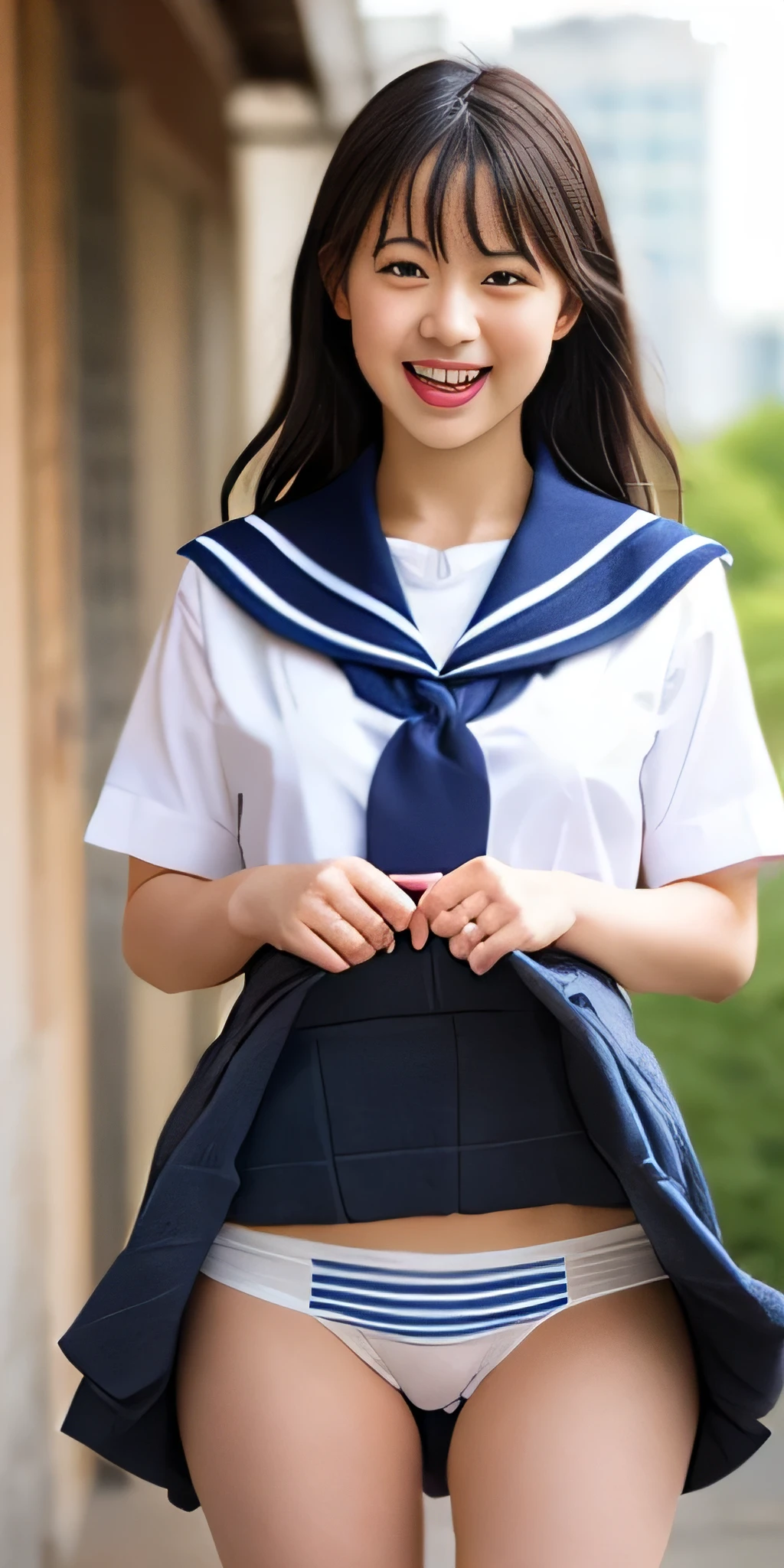 Neat 、(school uniform、Sailor suit、Ribbon knot at chest、Summer clothes、The upper body is white、The skirt is dark blue)、Off-field、(Slime-ified)、Photorealistic、detailed, Skin Texture, Super detailed、Delicate and sexy collarbone、Laughter、Highly detailed face、Detailed lips、Detailed Eyes、Large Breasts、Emphasize the chest、Bright Face、((standing、 uniform、White panties visible from the skirt、Sheer white shirt、Navy blue ribbon on collar、Dark blue pleated micro mini、Slightly lift the hem of the skirt with both hands,,,,))