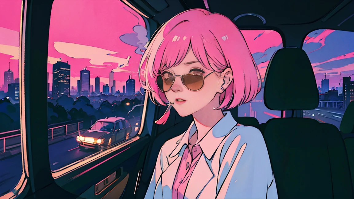 Asian beauty with pink hair riding in car at night, through window, perfect face, sunglasses, smoking white tailor-made cigarette, neo-noir, (after backlight correction: 1.1), hard shadow, masterpiece, top quality, , model shoot style, vintage, film grain, perfect details,city pop