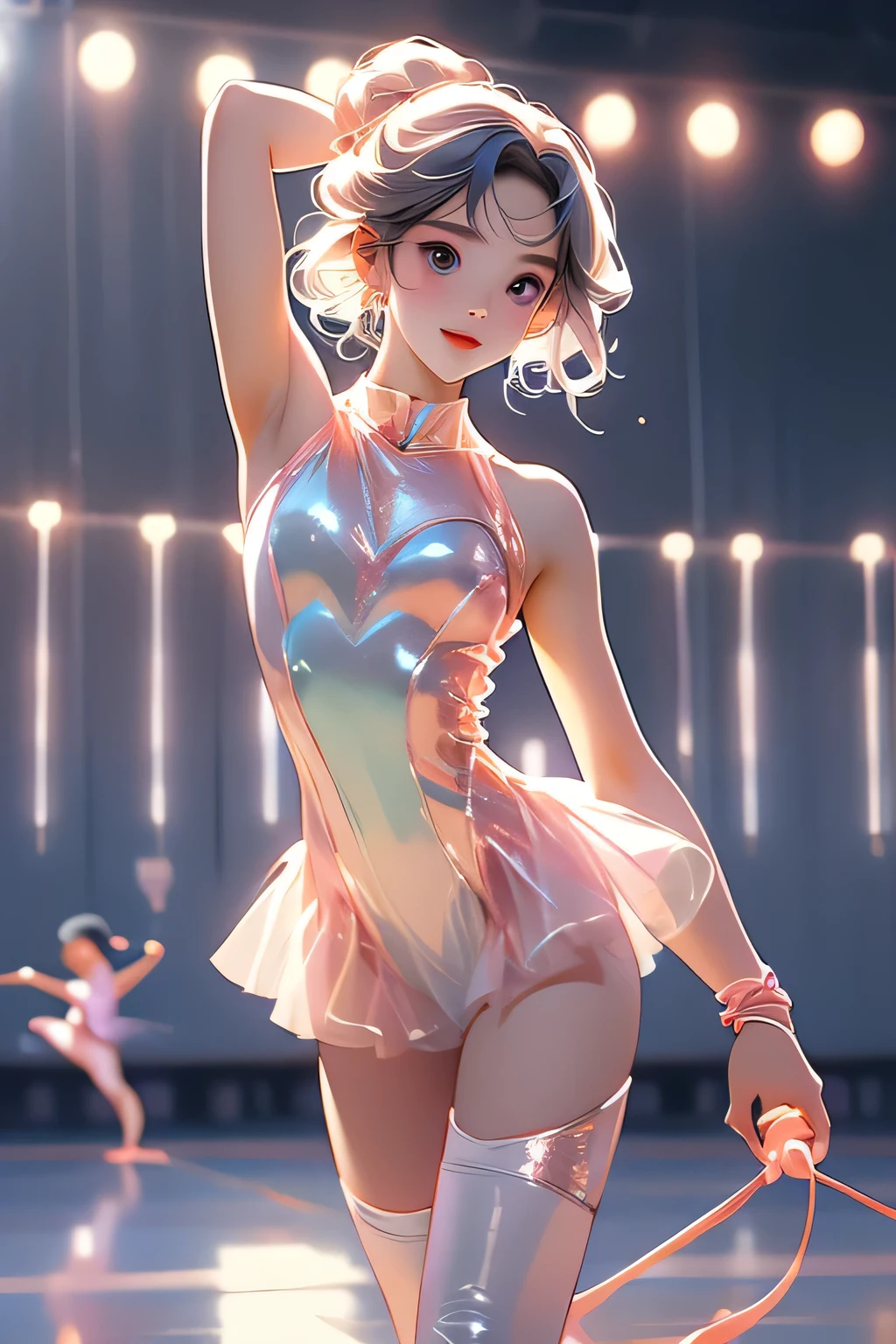 Highest quality、High resolution、Detailed Background、(Beautiful face in every detail:1.4)、Anatomically correct、(Normal number of fingers:1.2)、Detailed eyes、Teenage beauty、Highly detailed face、Perfect body line、Bun Hair、ponytail、Braid the side hair and put it in a bun、well-groomed eyebrows、Hug playfully、A big smile、smile、A fun atmosphere、

(Three girls happily practicing rhythmic gymnastics:1.5)、

Inside the gym、A girl and her friends are practicing rhythmic gymnastics、They are wearing gorgeous uniforms and performing rhythmic movements to the music.、They use their flexible bodies to effortlessly manipulate ribbons and balls, and perform perfectly coordinated combinations.、Passionately working on practice with close friends、Even though they were sweating, their expressions looked cheerful and they seemed to be having fun.、Passion for rhythmic gymnastics and friendship are dynamic、
Leotards designed to flatter the body line are a classic.、Leotards decorated with sequins and jewels are also popular.、Hair accessories are recommended not only for hair ornaments but also for headbands.、Pair it with leg warmers and a headband、Designs that flatter the body line、The ones with glittery decorations are popular.、Pair colorful leggings with a fitted tank top or camisole.、cute