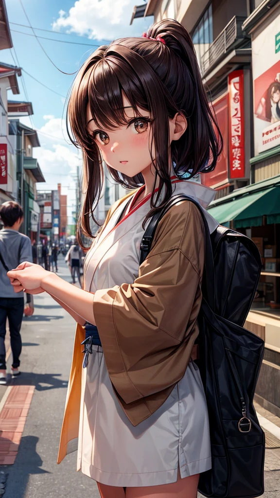 with dark brown hair Dark brown eyes Light brown skin tone Wearing a Japanese
