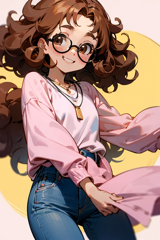 Kizi, アニメ, very curly hair, curls, curls, dark brown hair, long hair, hair flying, Caucasian skin, brown dark eyes, round glasses, little pink blouse, jeans, small necklace, cheerful grin, pinky skin, blush cheeks