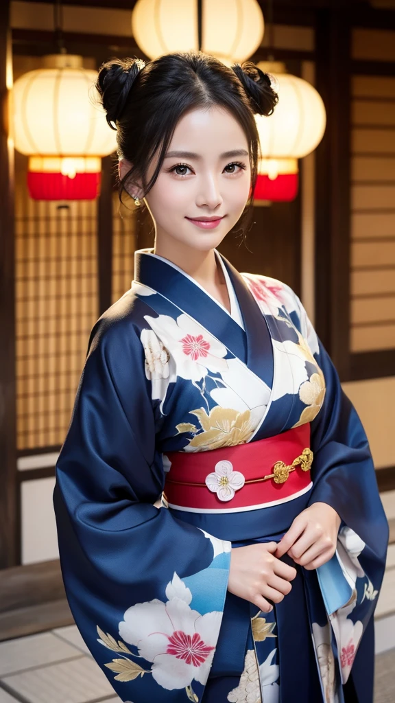 (Super beautiful woman in kimono)、((highest quality、8K masterpiece:1.3))、sharp focus:1.2、(super beautiful face:1.0)、(shiny skin:1.0)、realistic pictures、black hair、video lighting、High resolution eyes and face、video lighting、japanese actress、from the front、with a happy smile、whole body、wearing a kimono、in Kyoto、(luxury obi)、with a fan、Fireworks Display