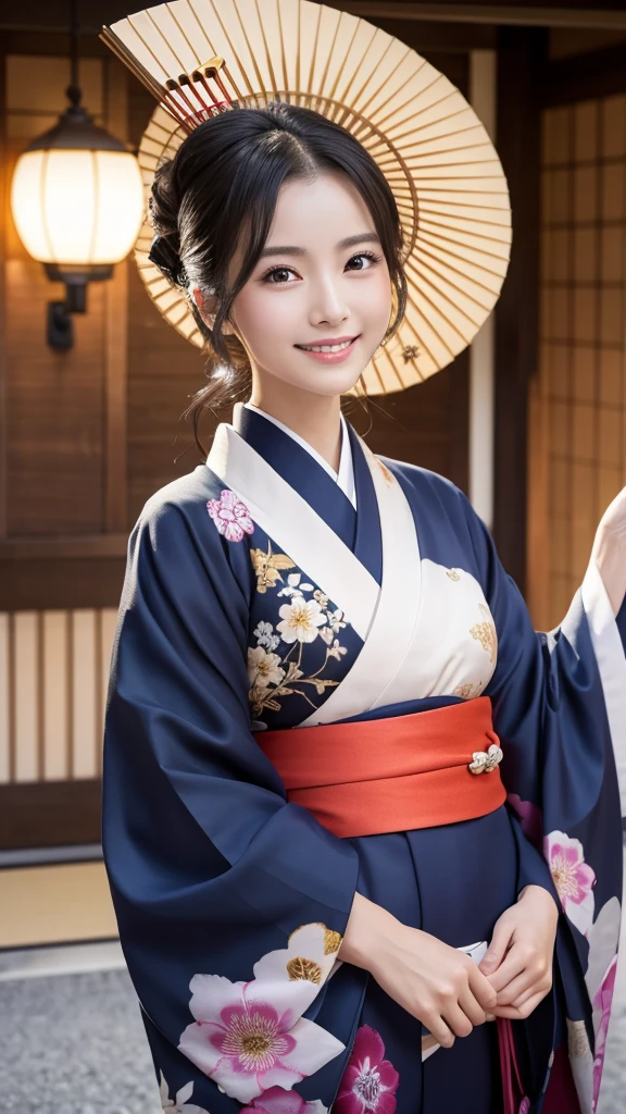(Super beautiful woman in kimono)、((highest quality、8K masterpiece:1.3))、sharp focus:1.2、(super beautiful face:1.0)、(shiny skin:1.0)、realistic pictures、black hair、video lighting、High resolution eyes and face、video lighting、japanese actress、from the front、with a happy smile、whole body、wearing a kimono、in Kyoto、(luxury obi)、with a fan、Fireworks Display