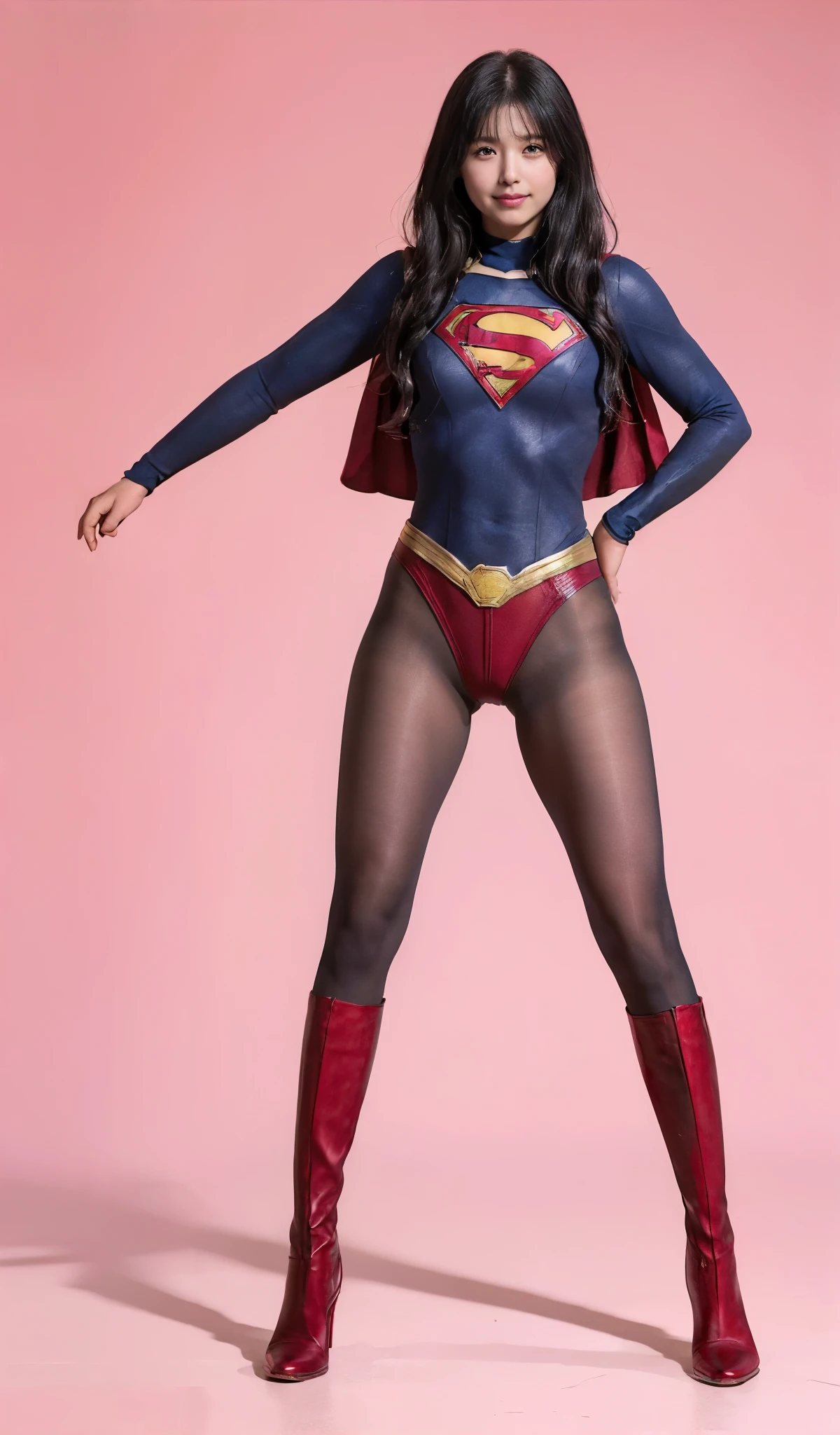 No background、She always has her mouth open、She always has a sad look on her face、Always close your eyes、(((Beautiful legs in black tights.)))、(((Stretch your legs、expensive、Showing a beautiful smile)))、((((Make the most of your original images)))、(((Supergirl Costume)))、(((Beautiful Short Hair)))、(((Suffering face)))、(((Black tights legs、Wear red boots)))、((Best image quality、8k))、((Highest quality、8k、masterpiece:1.3))、(((Preserve background )))、Sharp focus:1.2、Beautiful woman with perfect figure:1.4、Slim Abs:1.2、Wet body:1.5、Highly detailed face and skin texture、8k