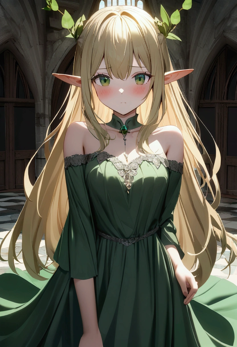 1girl with long blonde hair, green eyes,elven ears, green dress with open shoulders,castle room, Reverance, blush