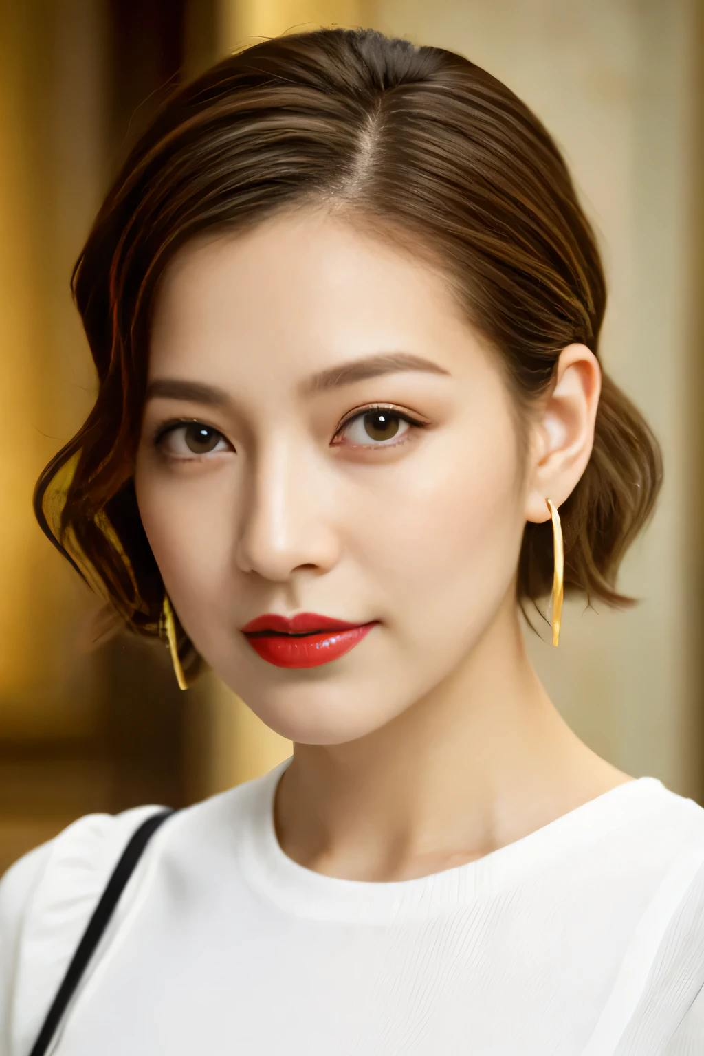(Red lips), ((Looking into the camera)), (look forward to), Upper Body, Short Bob Hair, (Wavy Hair), Shapely small breasts, Sexy pose with twisted hips, brown hair, light brown hair, hair slicked back, low ponytail, hoop earrings, scowl, folded ponytail, bangs pinned back, empty eyes, amber eyes, hoop earrings, hoop earrings, heart earrings, drunk, widow's peak, depth of field, uhd, masterpiece, high quality, best quality, super detail, 8k、One Japanese woman、30 years old、Looking this way、(Bust up shot:1.4)、Small shapely breasts、background:hotel lobby、Focused eyes、Detailed eyes、Detailed face、White T-shirt、Symmetrical eyes、Heavy makeup、