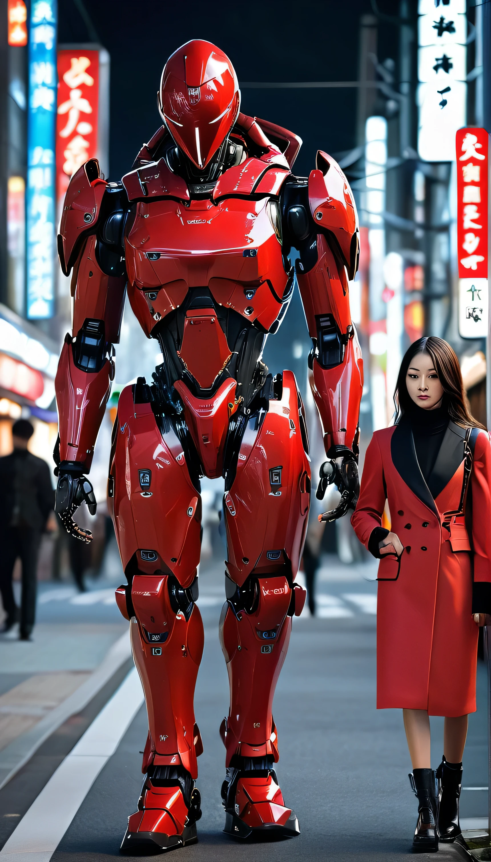 Girl walking on the street holding a phone texting, , walking next to a highly detailed and realistic samurai robot bodyguard with humanoid features. The setting is an urban street that appears to be in Japan, with a background of bright city lights and signs.red suit, The contrast between traditional clothing and futuristic robots will be striking, emphasizing the blend of historical culture with cutting-edge technology.