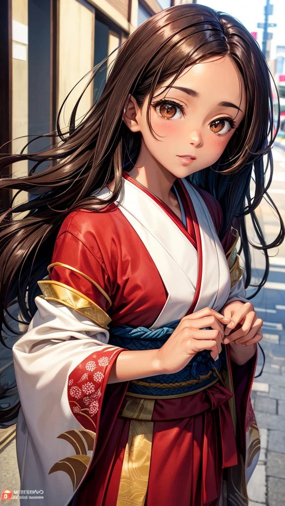 with dark brown hair Dark brown eyes Light brown skin tone Wearing a Japanese