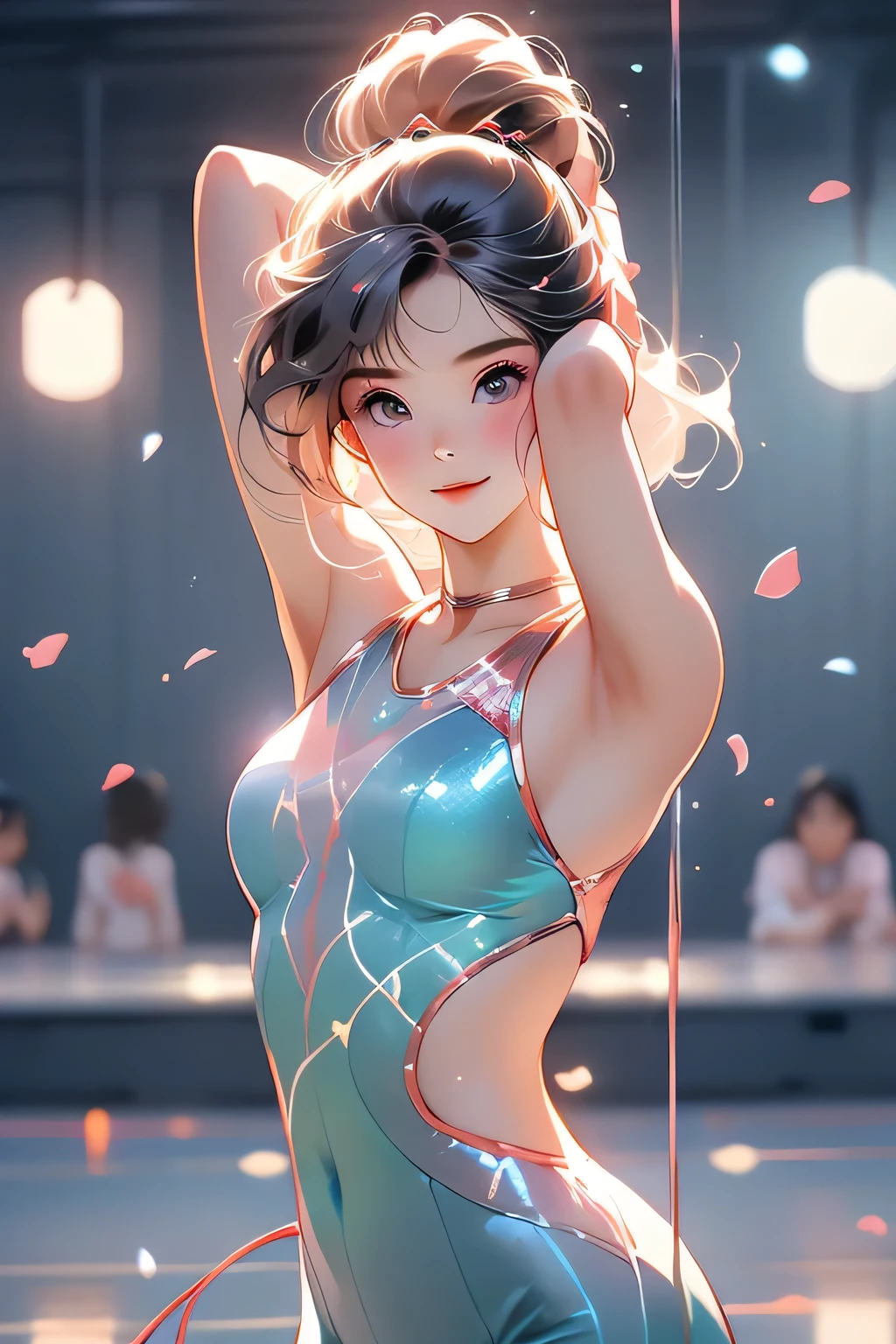 Highest quality、High resolution、Detailed Background、(Beautiful face in every detail:1.4)、Anatomically correct、(Normal number of fingers:1.2)、Detailed eyes、 beauty、Highly detailed face、Perfect body line、Bun Hair、ponytail、Braid the side hair and put it in a bun、well-groomed eyebrows、Hug playfully、A big smile、smile、A fun atmosphere、
(Three girls happily practicing rhythmic gymnastics:1.5)、
Inside the gym、A girl and her friends are practicing rhythmic gymnastics、They are wearing gorgeous uniforms and performing rhythmic movements to the music.、They use their flexible bodies to effortlessly manipulate ribbons and balls, and perform perfectly coordinated combinations.、Passionately working on practice with close friends、Even though they were sweating, their expressions looked cheerful and they seemed to be having fun.、Passion for rhythmic gymnastics and friendship are dynamic、
Leotards designed to flatter the body line are a classic.、Leotards decorated with sequins and jewels are also popular.、Hair accessories are recommended not only for hair ornaments but also for headbands.、Pair it with leg warmers and a headband、Designs that flatter the body line、The ones with glittery decorations are popular.、Pair colorful leggings with a fitted tank top or camisole.、cute
