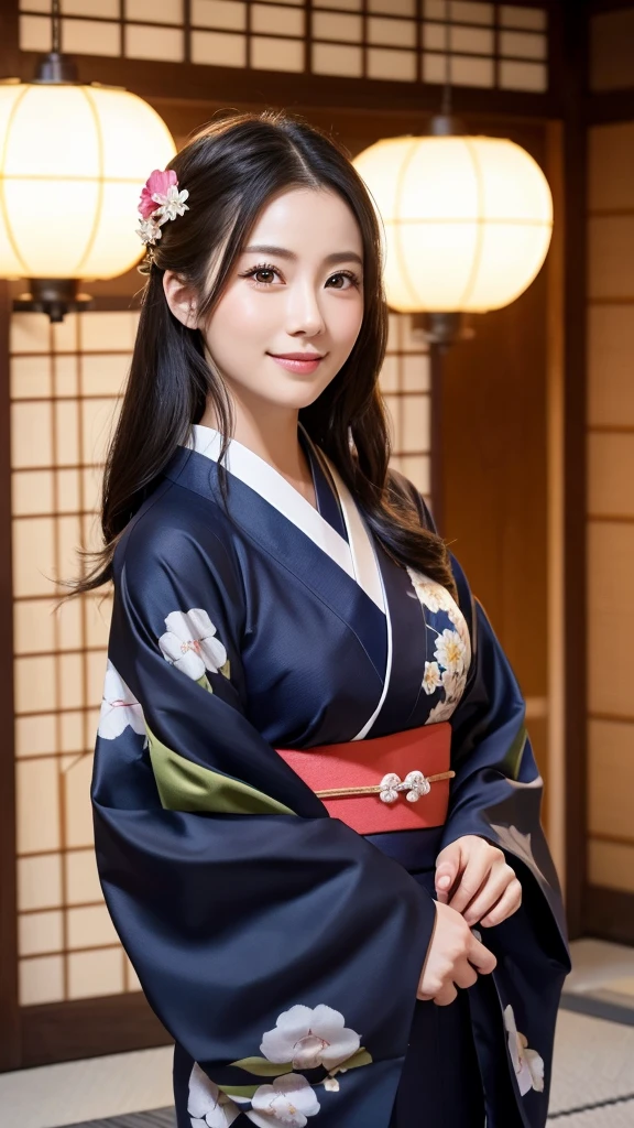 (Super beautiful woman in kimono)、((highest quality、8K masterpiece:1.3))、sharp focus:1.2、(super beautiful face:1.0)、(shiny skin:1.0)、realistic pictures、black hair、video lighting、High resolution eyes and face、video lighting、japanese actress、from the front、with a happy smile、whole body、wearing a kimono、in Kyoto、(luxury obi)、with a fan、Fireworks Display