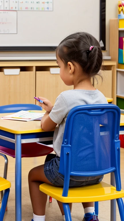 Create an image of a girl in kindergarten moving her chair in class.