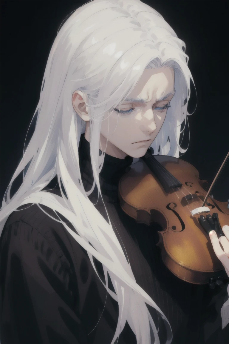((1 boy)), detaile close portrait, ((long white hair)), (close eyes), big Blue eyes, long eyelashes, beautiful detailed eyes, modest, quiet, lonely, An anxious look, upset, black soft sweater, soft light, beautiful detailed face, 8K, masterpiece, dark background, details on the background, violin