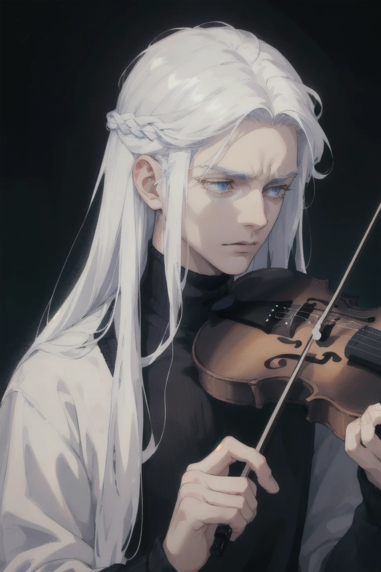 ((1 boy)), detaile close portrait, ((long white hair)), (close eyes), big Blue eyes, long eyelashes, beautiful detailed eyes, modest, quiet, lonely, An anxious look, upset, black soft sweater, soft light, beautiful detailed face, 8K, masterpiece, dark background, details on the background, violin