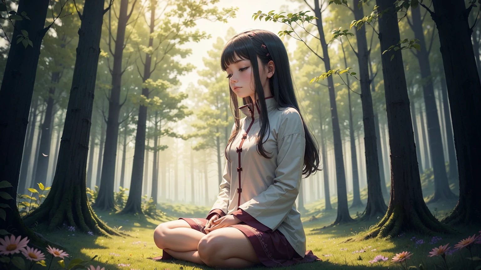 A photo of a girl meditating, surrounded by nature, like a peaceful forest or a field full of colorful flowers..
This image conveys a sense of serenity, connection with nature and an atmosphere of peace, which is consistent with the tone of the prayer.