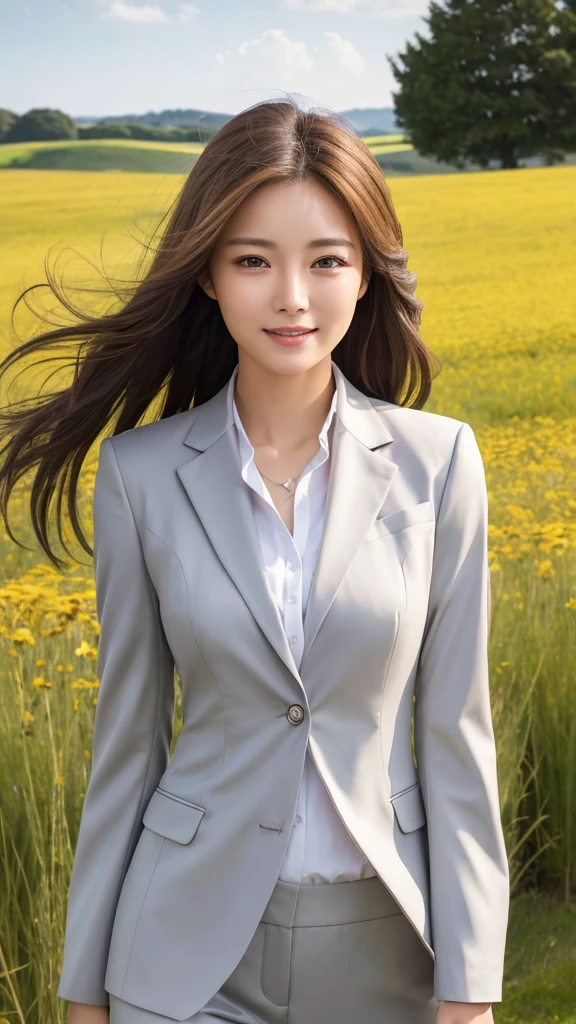 highest quality、genuine、Super detailed、finely、High resolution、8k wallpaper、one beautiful woman、、、light brown disheveled hair、wearing a business suit、sharp focus、perfect dynamic composition、beautiful and detailed eyes、thin hair、Detailed genuine skin texture、smile、model body shape、In a windswept meadow