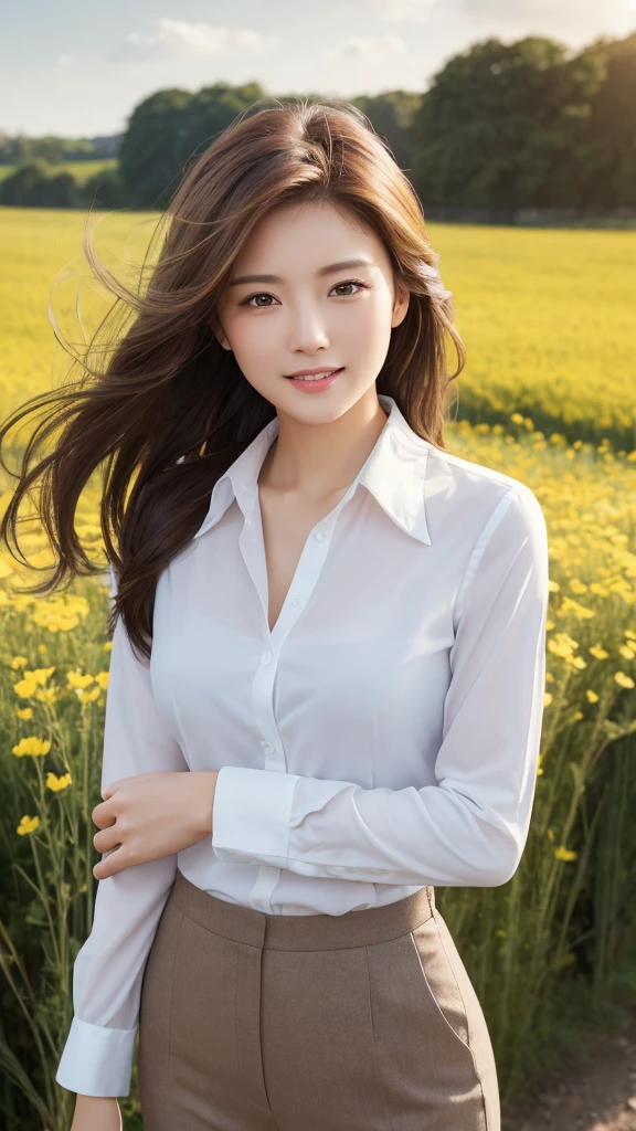 highest quality、genuine、Super detailed、finely、High resolution、8k wallpaper、one beautiful woman、、、light brown disheveled hair、wearing a business suit、sharp focus、perfect dynamic composition、beautiful and detailed eyes、thin hair、Detailed genuine skin texture、smile、model body shape、In a windswept meadow