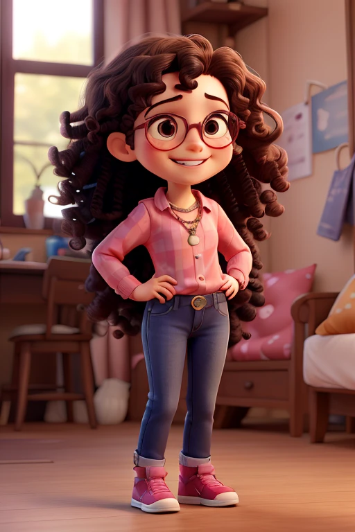 Kizi, アニメ, very curly hair, curls, curls, dark brown hair, long hair, hair flying, Caucasian skin, brown dark eyes, round glasses, little pink blouse, jeans, small necklace, cheerful grin, pinky skin, blush cheeks